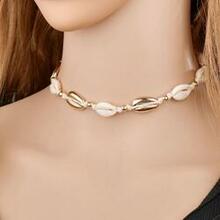 Ocean And Earth Cowrie Shell Statement Necklace -size: 11 Inches Long, Color: Gold K290-15317975564323