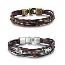 Gemini Twin Bracelets In Genuine Leather And Antique Metal Finish - Color: Silver Tone
