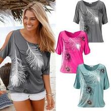 Wild And Free Peacock Feathered Tee -color: Slate Grey, Size: Large K290-18898555205