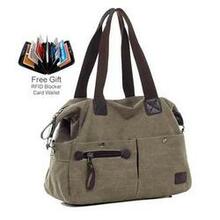 The Uptown Journey Canvas Hand Bag With Free Rfid Blocker Wallet - Color: Khaki City