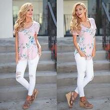 Floral Short Sleeve Top With Cutout Neckline In 5 Colors -size: Medium, Color: Sweet Pink K290-39865799248