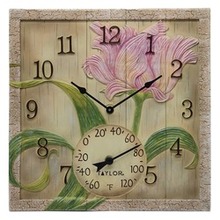 Taylor Precision Products 14-inch X 14-inch Beachwood Flower Clock With Thermometer (pack Of 1 Ea)